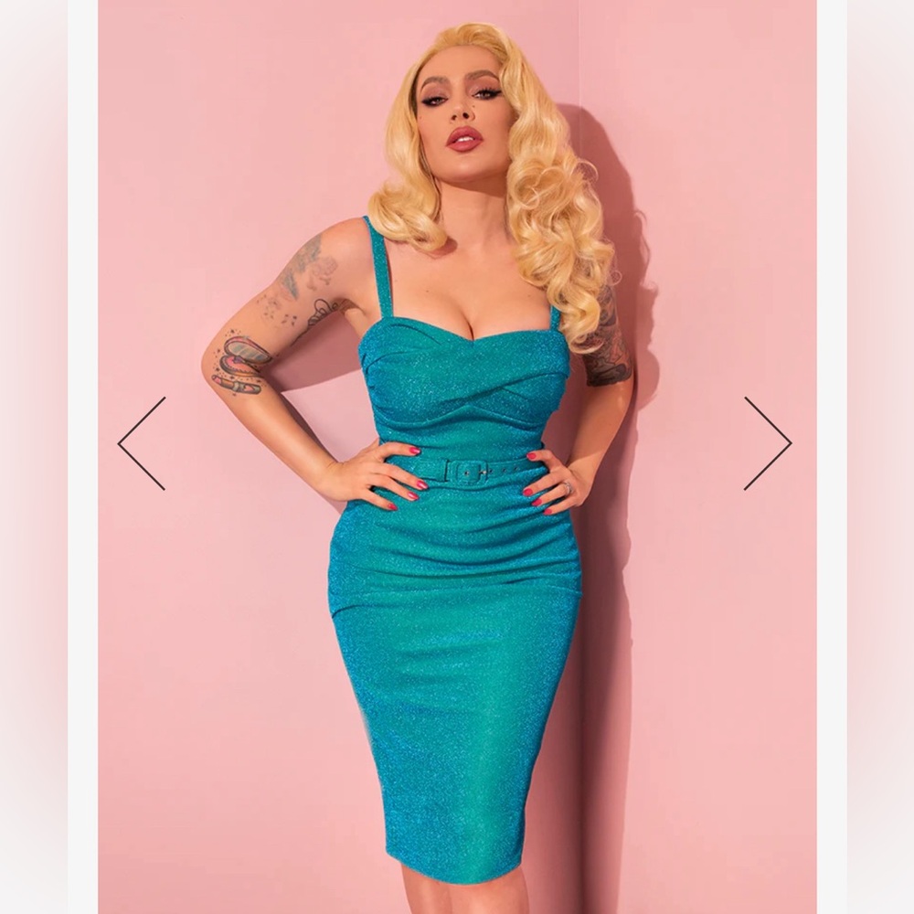 NWT JAWBREAKER WIGGLE DRESS TURQUOISE LUREX - VIXEN BY MICHELINE PITT SIZE M